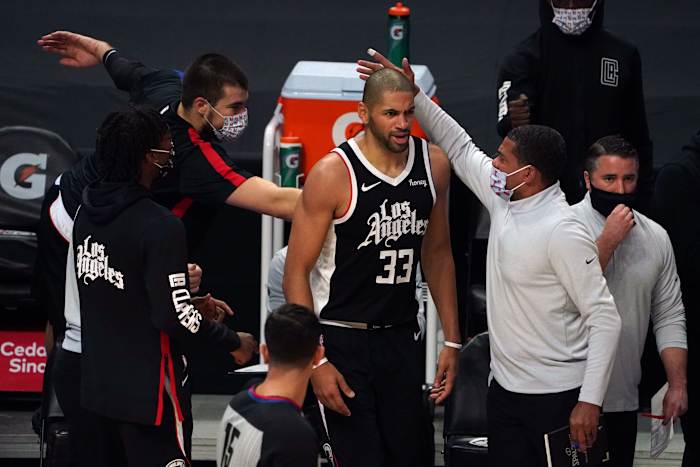 Jan 10, 2021; Los Angeles, California, USA; LA Clippers forward Nicolas Batum (33) celebrates after being fouled on a 3-point basket in the fourth quarter against the Chicago Bulls at Staples Center. The Clippers defeated the Bulls 130-127. Mandatory Credit: Kirby Lee-USA TODAY Sports